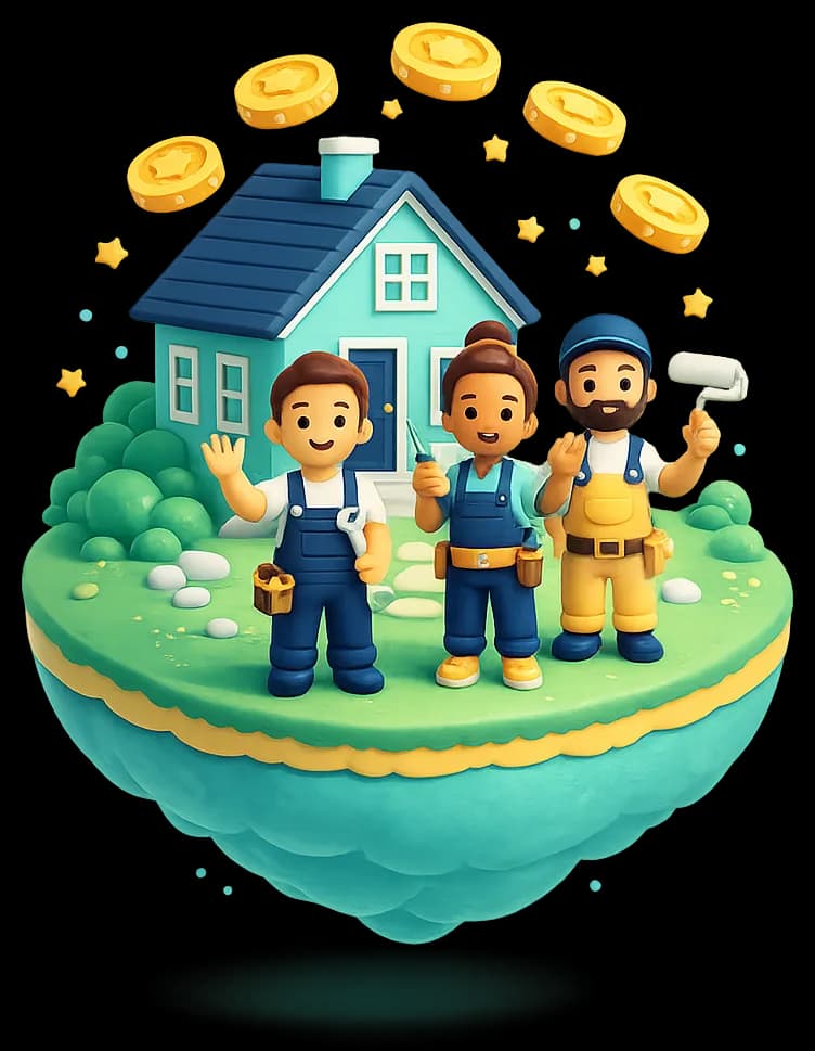 Trois artisans saluent devant une maison, des pièces d’or au-dessus d’eux