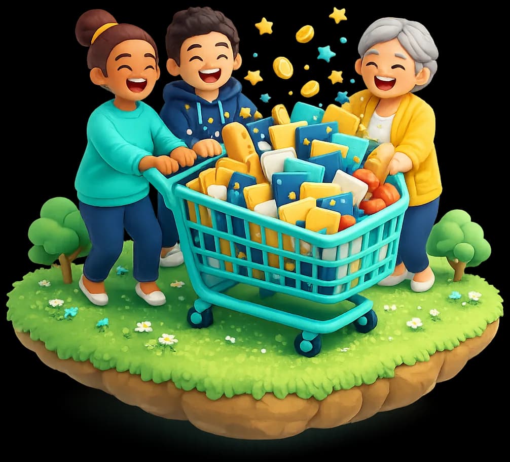 Trois amis rient en poussant un caddie rempli de cartes cadeaux