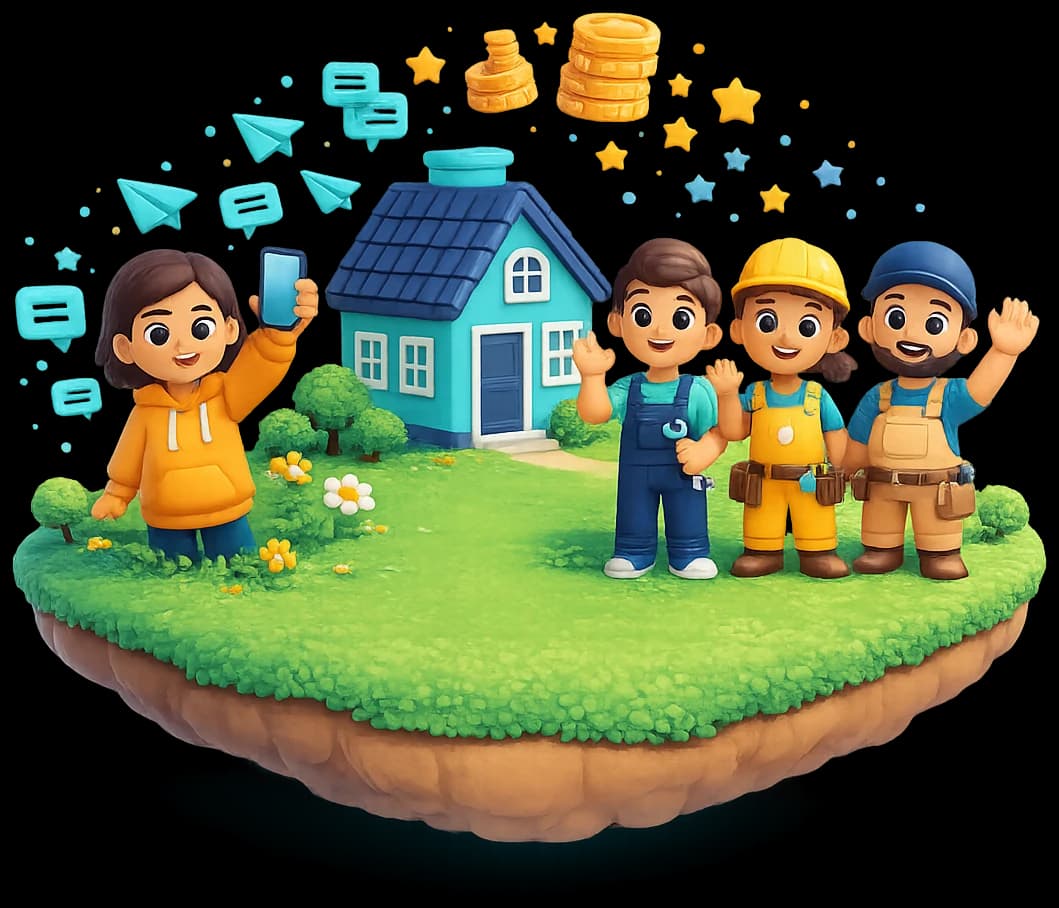 Une apporteuse partage son lien depuis son téléphone, devant une maison et trois artisans qui saluent